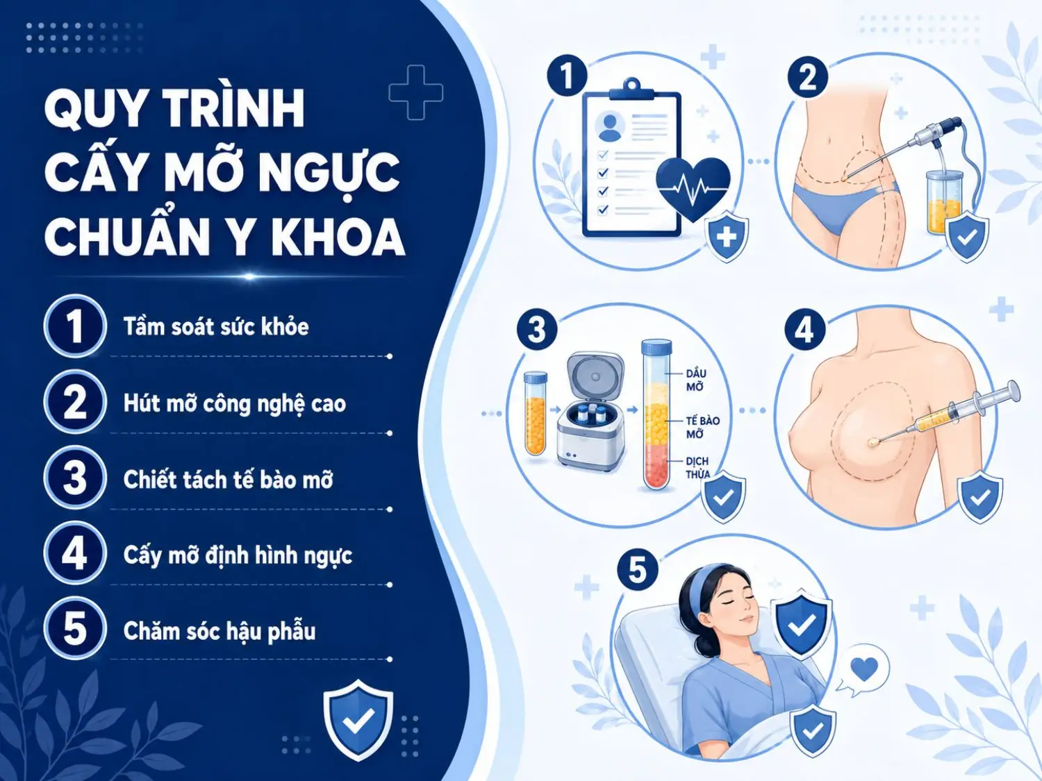 Quy trình cấy mỡ ngực chuẩn y khoa thường gồm tầm soát sức khỏe, hút mỡ thừa, chiết tách tế bào mỡ, cấy mỡ định hình khuôn ngực và chăm sóc hậu phẫu để hỗ trợ hồi phục ổn định.