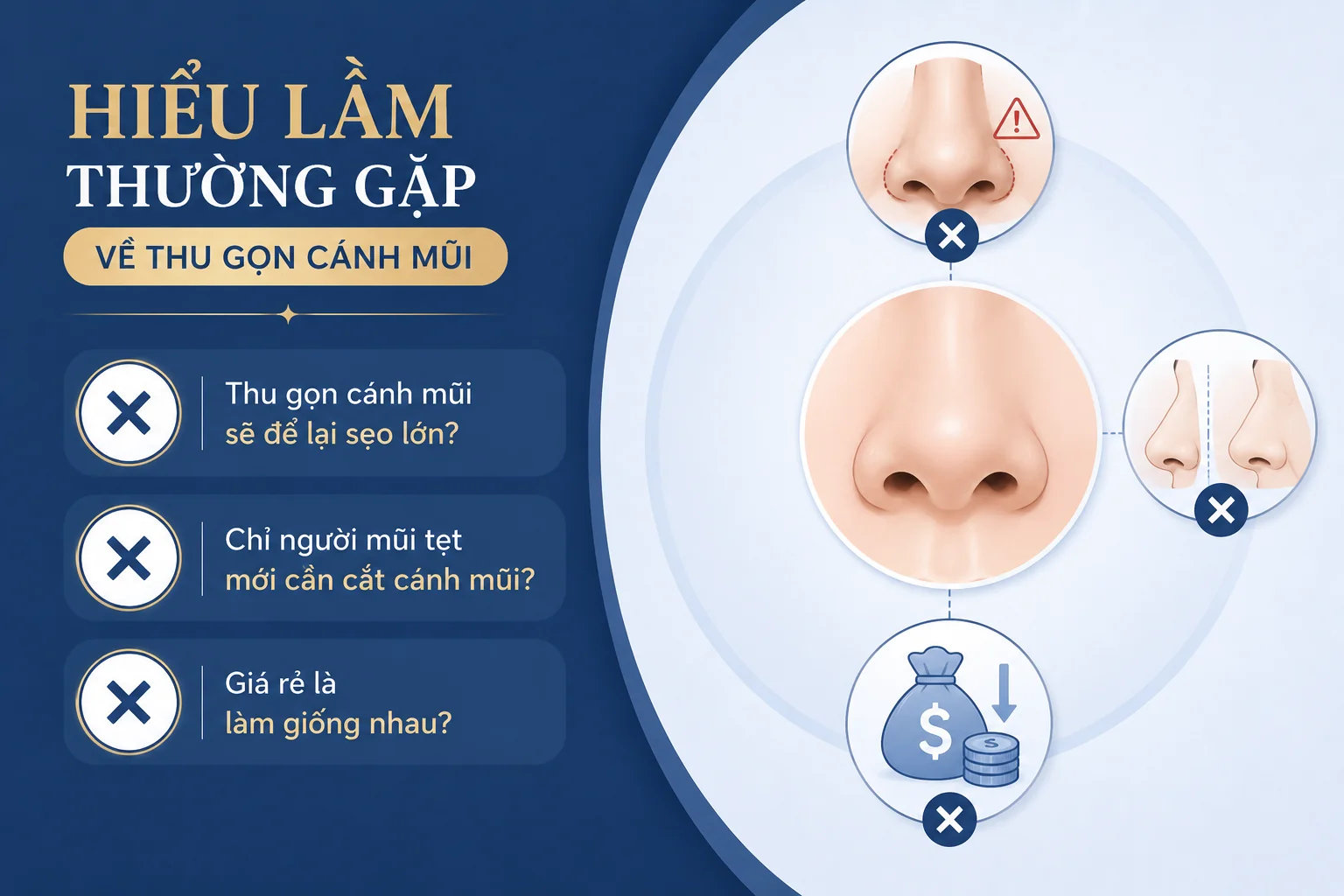 ảnh các Hiểu lầm thường gặp về thu gọn cánh mũi khiến nhiều người chần chừ: thu gọn cánh mũi sẽ để lại sẹo, chỉ người mũi tẹt mới cần cắt cánh mũi và giá rẻ là làm giống nhau.