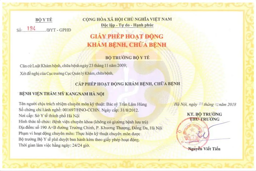 giấy phép hoạt động của Bệnh viện thẩm mỹ Kangnam Hà Nội