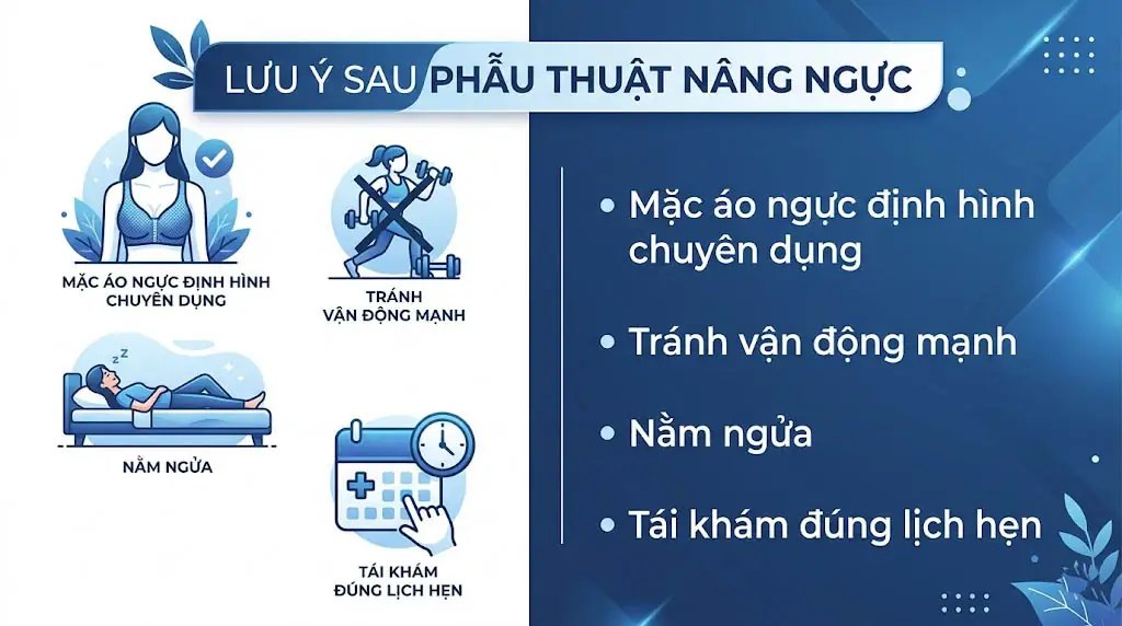 ảnh mô tả các lưu ý sau phẫu thuật nâng ngực gồm mặc áo ngực định hình, tránh vận động mạnh, nằm ngửa và tái khám