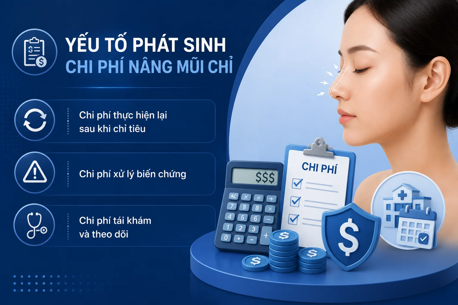 ảnh các yếu tố làm phát sinh chi phí nâng mũi bằng chỉ như cần thực hiện lại, xử lý biến chứng và tái khám có thể phát sinh chi phí.