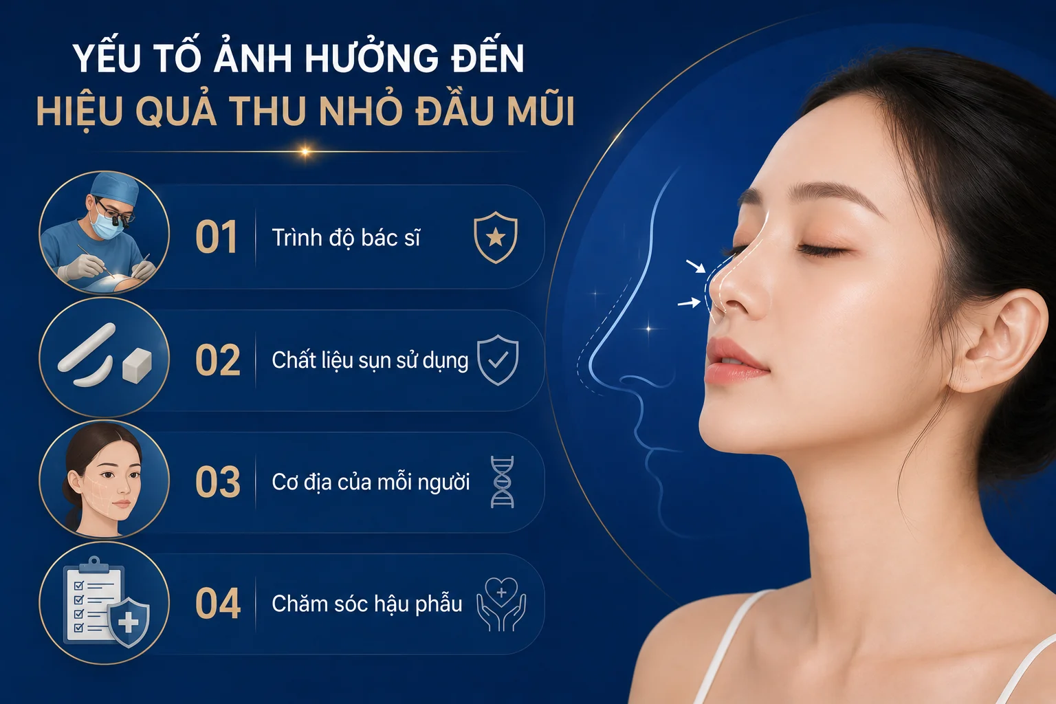 Các yếu tố ảnh hưởng đến hiệu quả thu nhỏ đầu mũi gồm tay nghề bác sĩ, chất liệu sụn sử dụng, cơ địa từng người và chế độ chăm sóc hậu phẫu