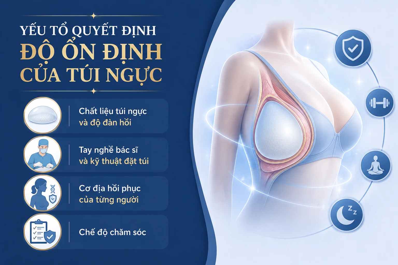 ảnh mô tả các yếu tố ảnh hưởng độ ổn định của túi ngực như chất lượng túi ngực, kỹ thuật phẫu thuật, thể trạng của từng người và cách chăm sóc.