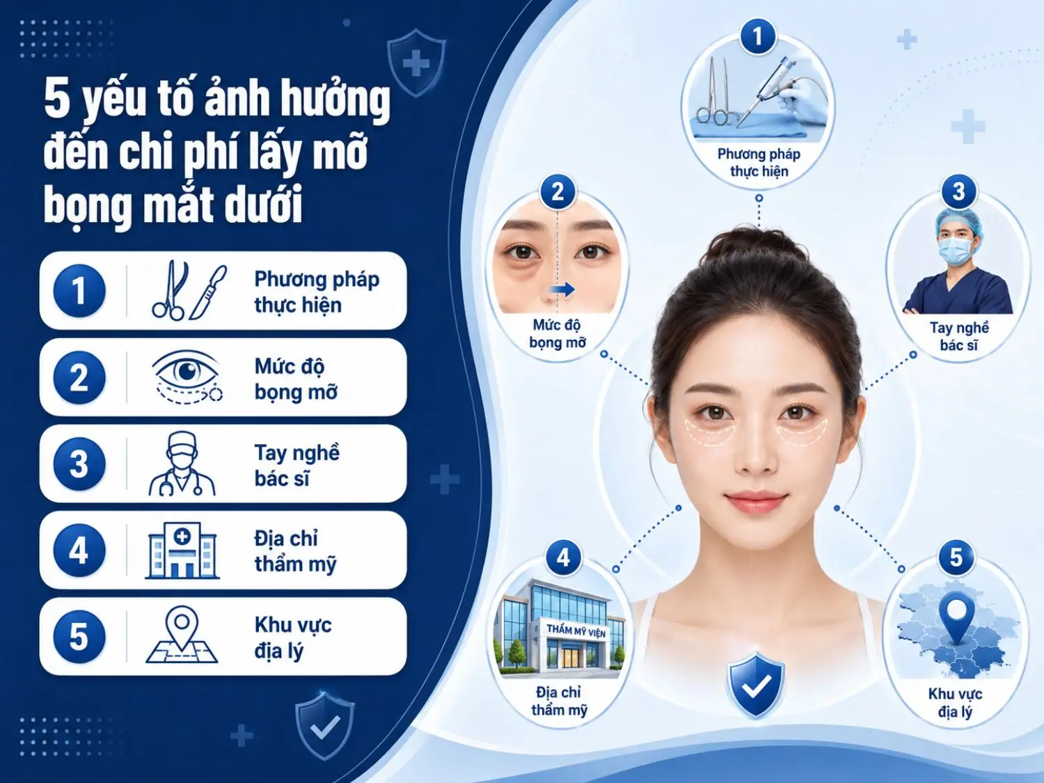 5 yếu tố ảnh hưởng đến chi phí lấy mỡ bọng mắt dưới gồm phương pháp thực hiện, tình trạng bọng mỡ, tay nghề bác sĩ, địa chỉ thẩm mỹ và vị trí địa lý.