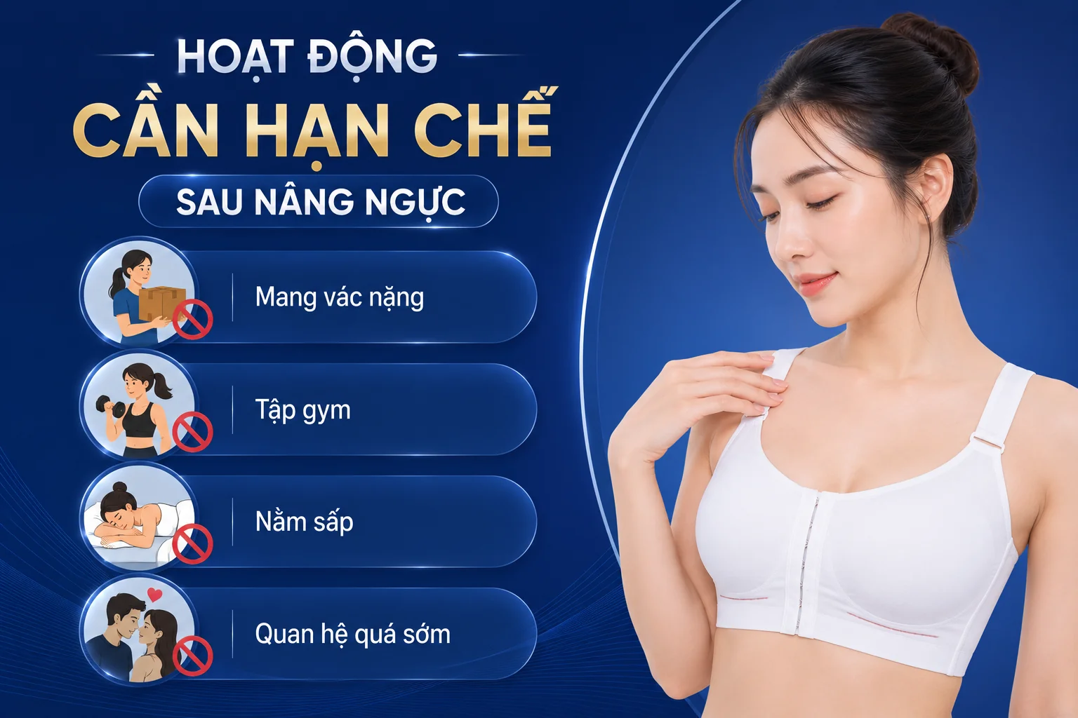 ảnh mô tả các Hoạt động cần hạn chế sau nâng ngực gồm mang vác vật nặng, tập gym, nằm sấp, quan hệ