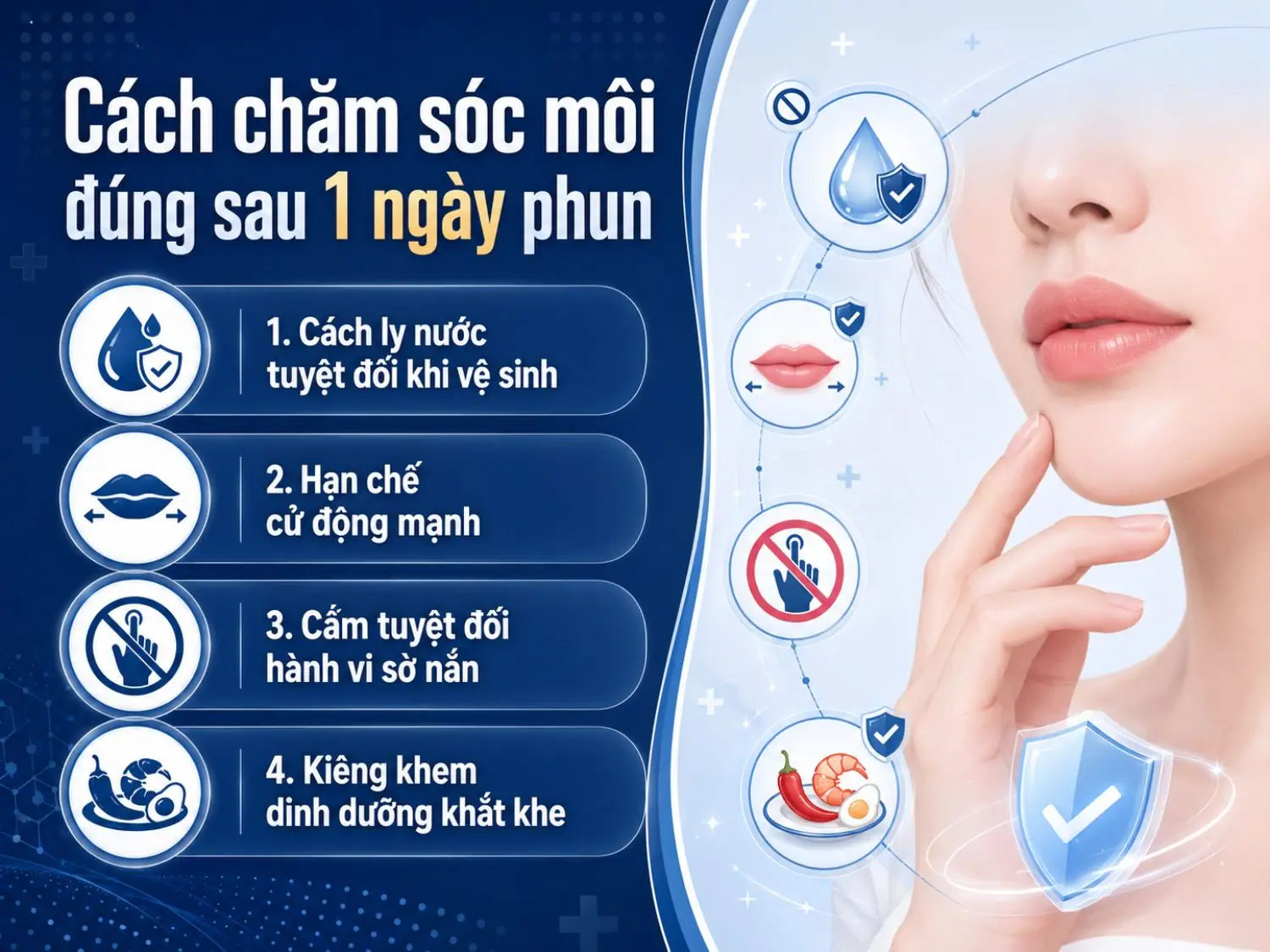 Trong 24 giờ đầu sau phun môi, cần giữ môi khô sạch, hạn chế tác động cơ học và tuân thủ kiêng khem để hỗ trợ quá trình phục hồi, bong vảy và lên màu ổn định.