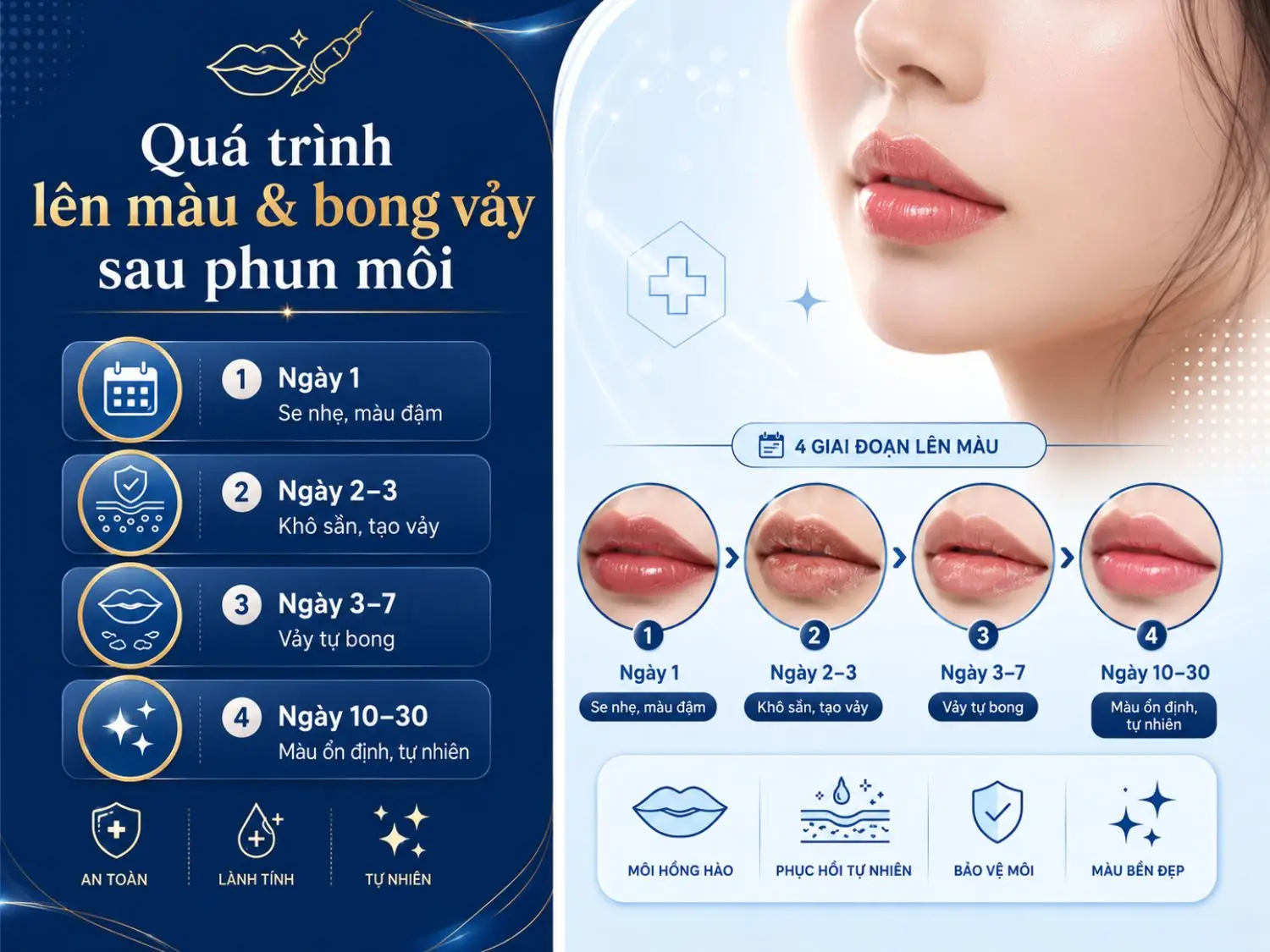 Sau phun môi, màu môi thường trải qua giai đoạn đậm màu, khô sần, bong vảy tự nhiên rồi dần ổn định từ ngày 10–30 tùy cơ địa và cách chăm sóc.