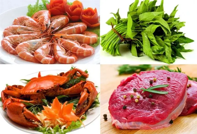 Nên tránh ăn thịt hải sản, thịt bò, rau muống