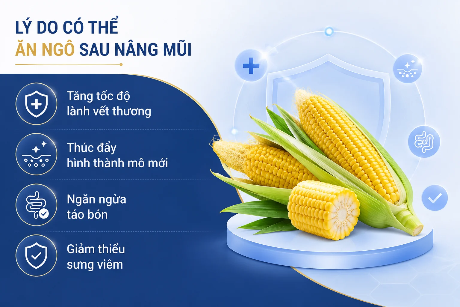 ảnh mô tả lý do nên ăn ngô sau nâng mũi, thực phẩm giàu dinh dưỡng, cung cấp nhiều vitamin, chất xơ và chất chống oxy hóa, có lợi cho quá trình hồi phục sau nâng mũi nếu sử dụng đúng cách và đúng thời điểm
