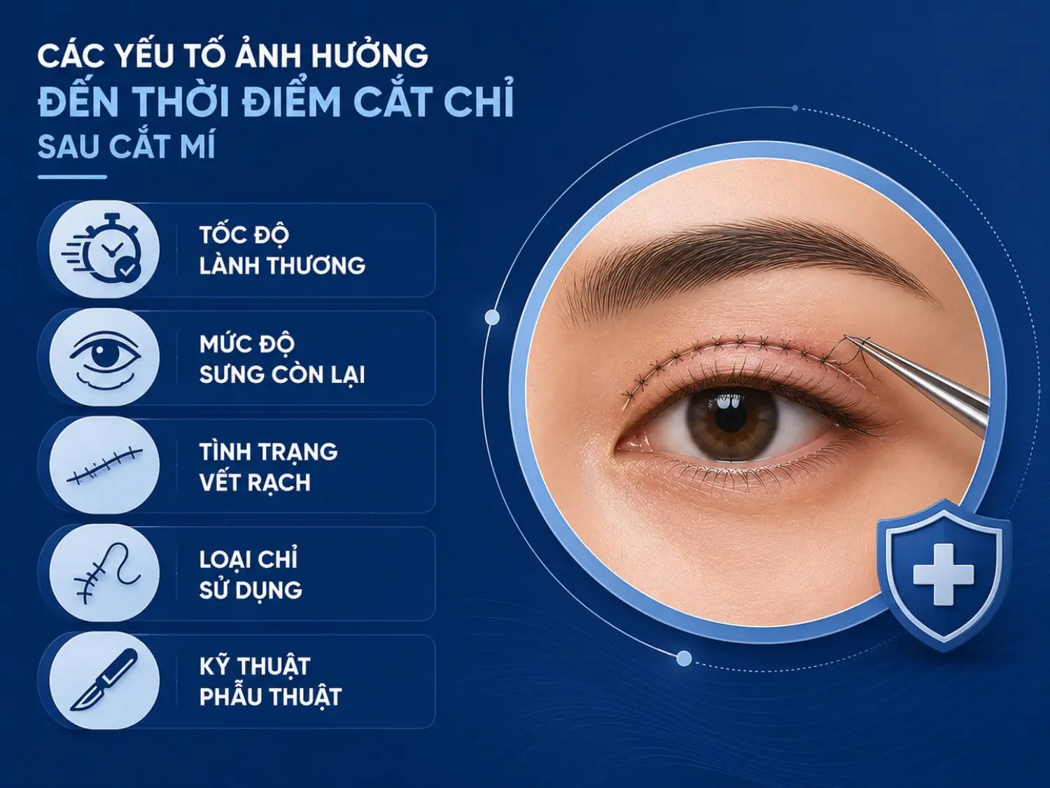 Chăm sóc mí mắt sau khi cắt chỉ Nên làm: Tiếp tục vệ sinh vùng mí bằng nước muối sinh lý hoặc dung dịch bác sĩ chỉ định, 2 lần/ngày trong 1–2 tuần đầu Thoa kem/gel theo hướng dẫn (thường là kem kháng sinh hoặc kem mờ sẹo khi bác sĩ cho phép) Chườm lạnh nhẹ nếu còn sưng (không chườm trực tiếp lên vết thương) Ngủ đủ giấc, nằm đầu hơi cao để giảm phù nề Đeo kính râm khi ra ngoài để tránh nắng, bụi tác động vào vùng mí Tái khám đúng lịch để bác sĩ theo dõi tiến trình lành Không nên làm: Trang điểm vùng mắt trong ít nhất 2 - 4 tuần sau cắt chỉ Dụi, chạm tay vào vùng mí khi tay chưa sạch Tiếp xúc nước bẩn (hồ bơi, biển) trong 3 - 4 tuần Vận động mạnh, mang vác nặng gây tăng áp lực vùng đầu mặt Uống rượu bia, hút thuốc làm chậm quá trình lành thương đáng kể Tự ý bôi các loại kem không có chỉ định của bác sĩ lên vết thươngThời điểm cắt chỉ sau cắt mí không giống nhau ở mỗi người, mà phụ thuộc vào cơ địa, tình trạng hồi phục và kỹ thuật thực hiện để đảm bảo mí lành đẹp và hạn chế biến chứng.
