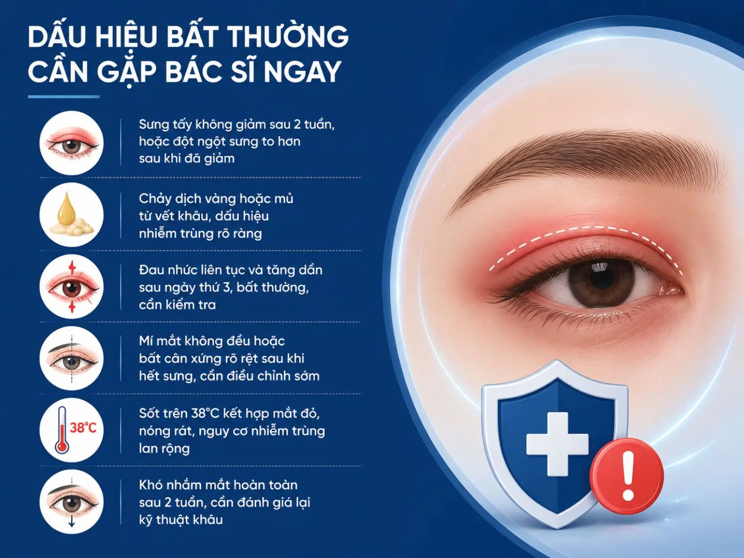 Nếu sau cắt mí xuất hiện sưng đau kéo dài, chảy dịch vàng, sốt hoặc mí mắt bất thường, cần liên hệ bác sĩ sớm để kiểm tra và xử lý kịp thời, tránh biến chứng nghiêm trọng.