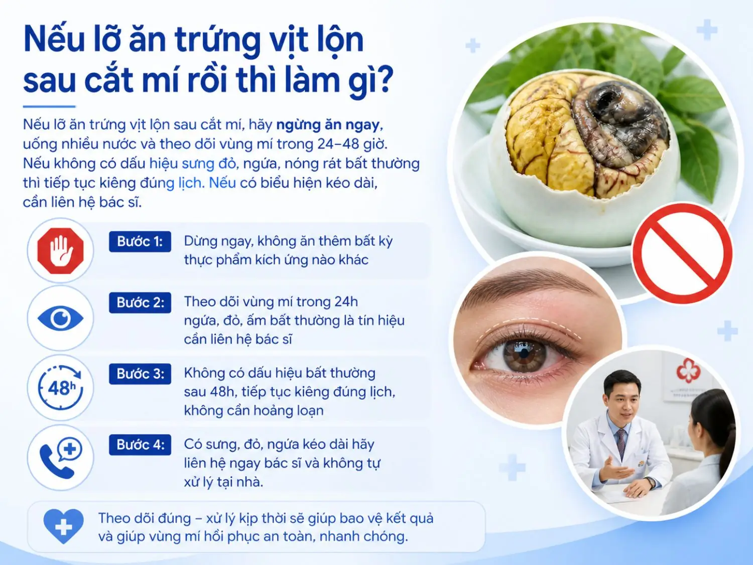 Theo dõi vùng mí trong 24–48 giờ sau khi lỡ ăn trứng là bước quan trọng để đảm bảo hồi phục an toàn