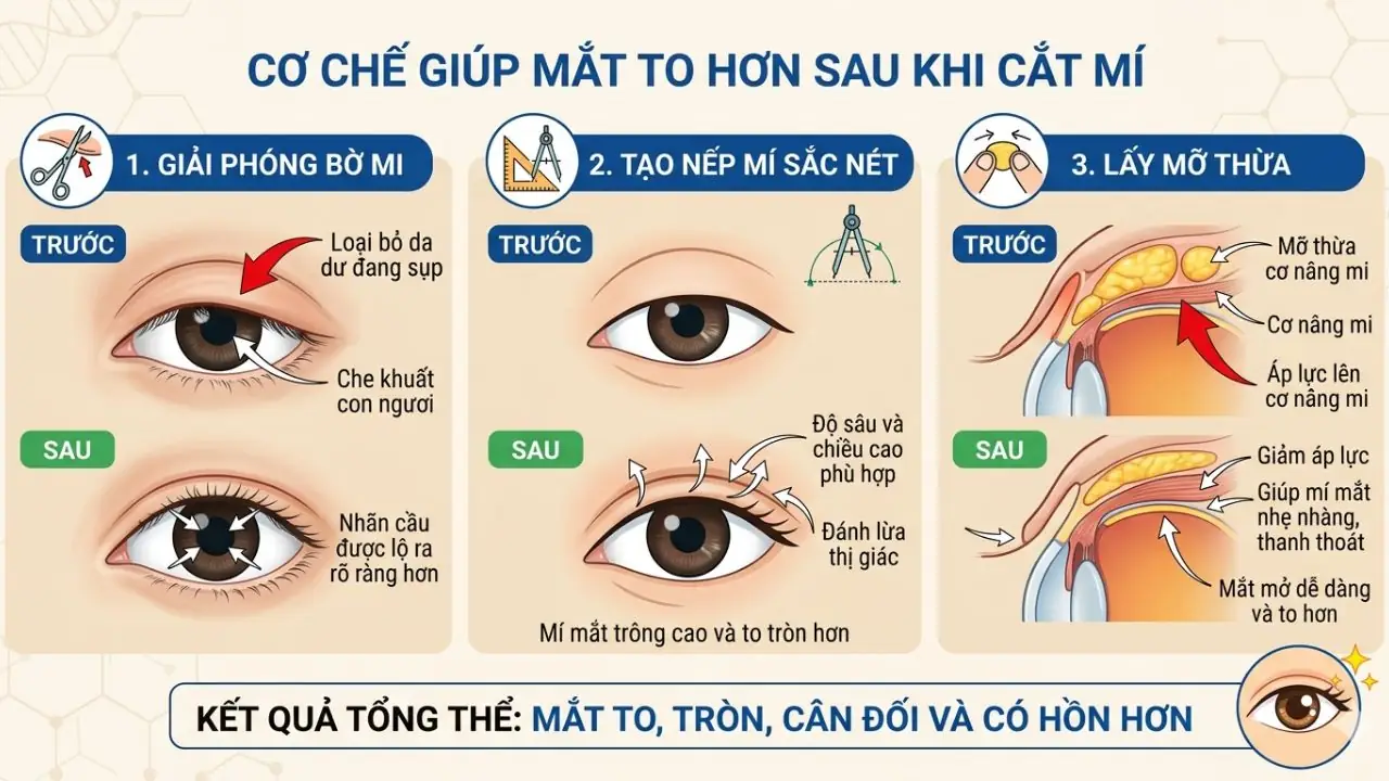 Hình ảnh mô phỏng 3 bước cắt mí mắt: 1. Loại bỏ da chùng sụp che khuất con ngươi. 2. Định hình nếp mí đôi sâu và cân đối. 3. Bóc tách túi mỡ thừa mí trên. So sánh trước và sau phẫu thuật.