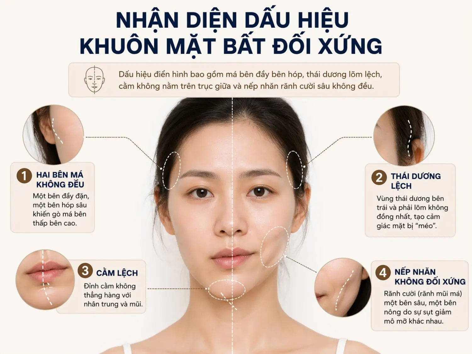 Dấu hiệu nhận biết khuôn mặt bất đối xứng thường thấy ở má, thái dương, cằm và rãnh cười hai bên không đồng đều.