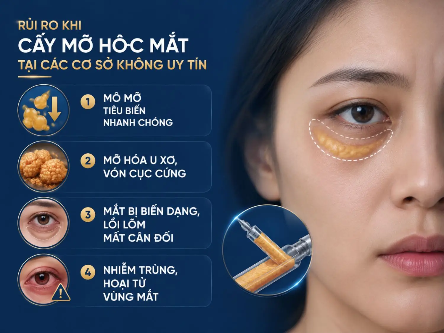 Cấy mỡ hốc mắt đòi hỏi kỹ thuật xử lý và cấy ghép chính xác. Thực hiện tại cơ sở không đủ chuyên môn có thể làm tăng nguy cơ mỡ tiêu biến, vón cục, mất cân đối vùng mắt hoặc biến chứng nhiễm trùng nghiêm trọng.