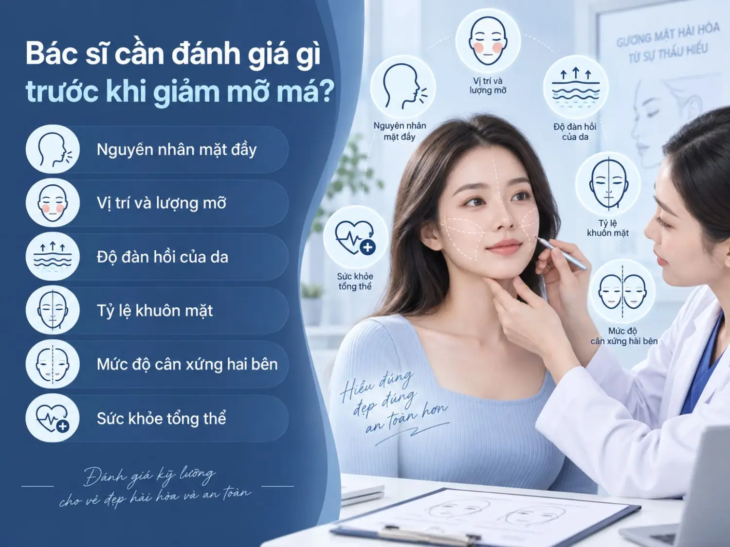 Các yếu tố bác sĩ cần đánh giá trước khi giảm mỡ má gồm nguyên nhân mặt đầy, vị trí và lượng mỡ, độ đàn hồi da, tỷ lệ khuôn mặt, mức độ cân xứng hai bên và sức khỏe tổng thể.