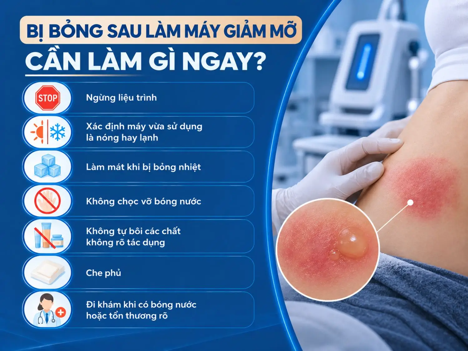 Khi nghi ngờ bị bỏng sau làm máy giảm mỡ, cần ngừng liệu trình, xác định loại máy đã sử dụng, làm mát đúng cách nếu là bỏng nhiệt, không chọc vỡ bóng nước, không tự bôi chất không rõ tác dụng và đi khám khi có tổn thương rõ.