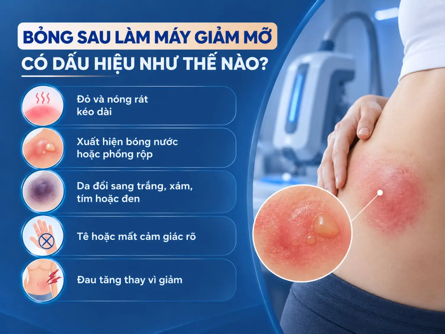 Sau khi làm máy giảm mỡ, nếu vùng da đỏ nóng kéo dài, xuất hiện bóng nước, đổi màu trắng – xám – tím – đen, tê hoặc đau tăng dần, khách hàng cần theo dõi sát và đi khám sớm khi tổn thương rõ.