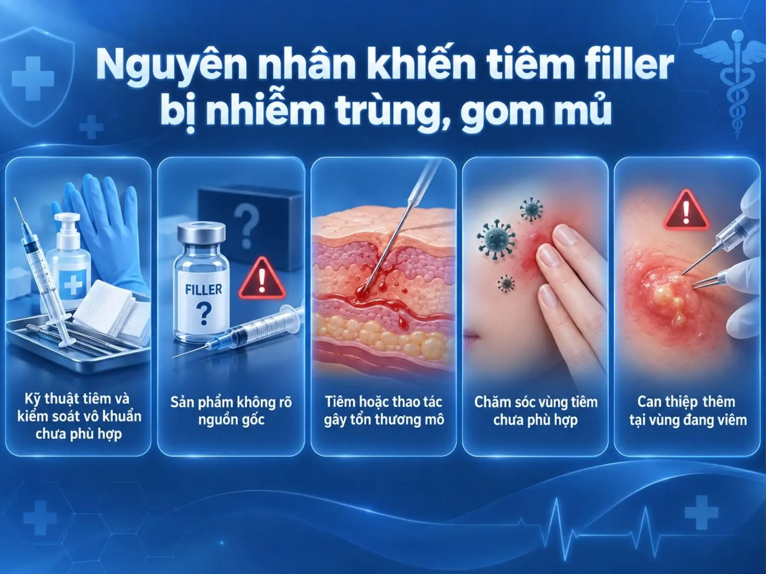 Nguyên nhân khiến tiêm filler bị nhiễm trùng, gom mủ gồm kỹ thuật tiêm sai, filler không rõ nguồn gốc