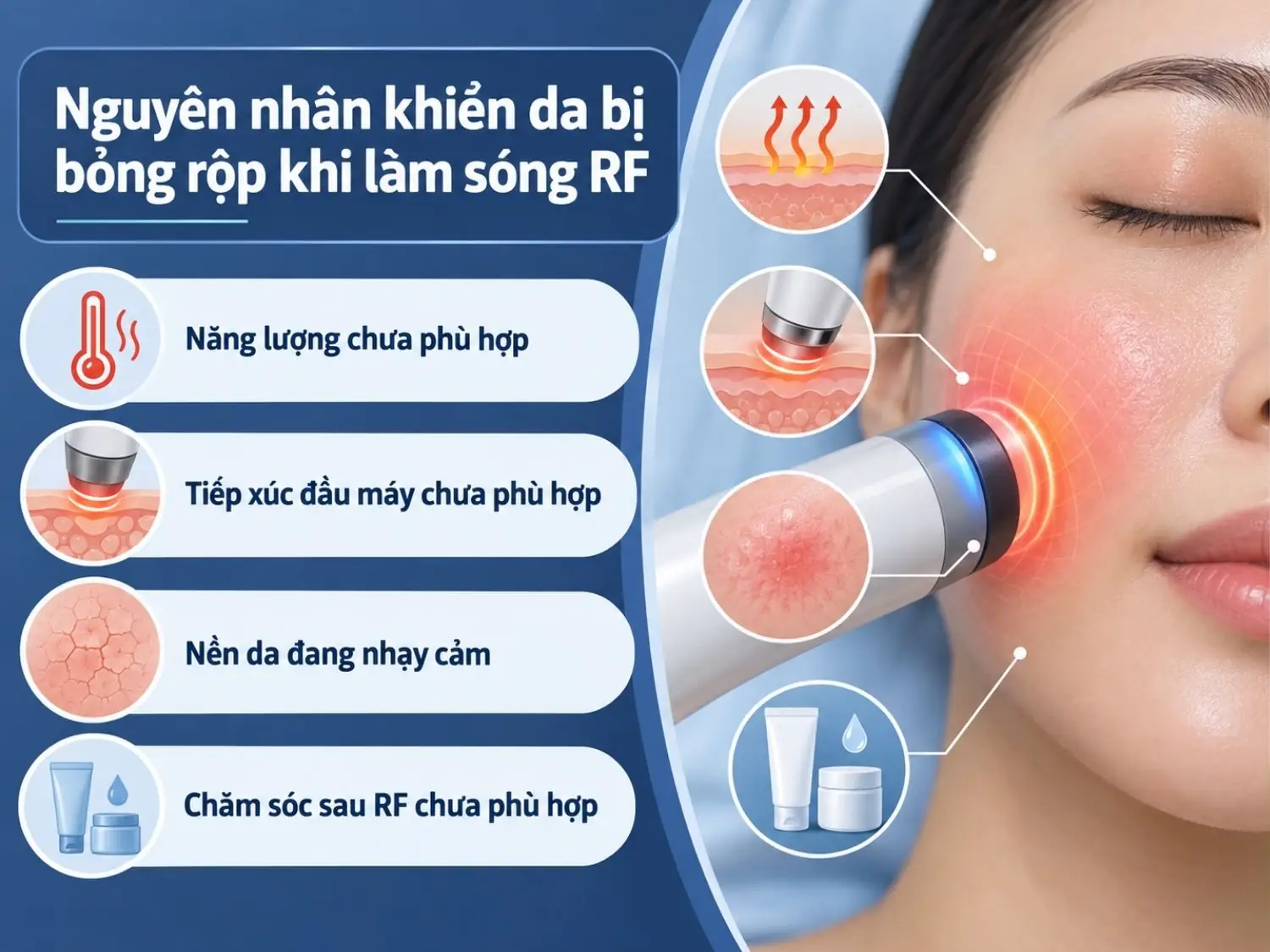 Nguyên nhân khiến da bị bỏng rộp khi làm sóng RF gồm năng lượng chưa phù hợp, kỹ thuật sai, nền da nhạy cảm
