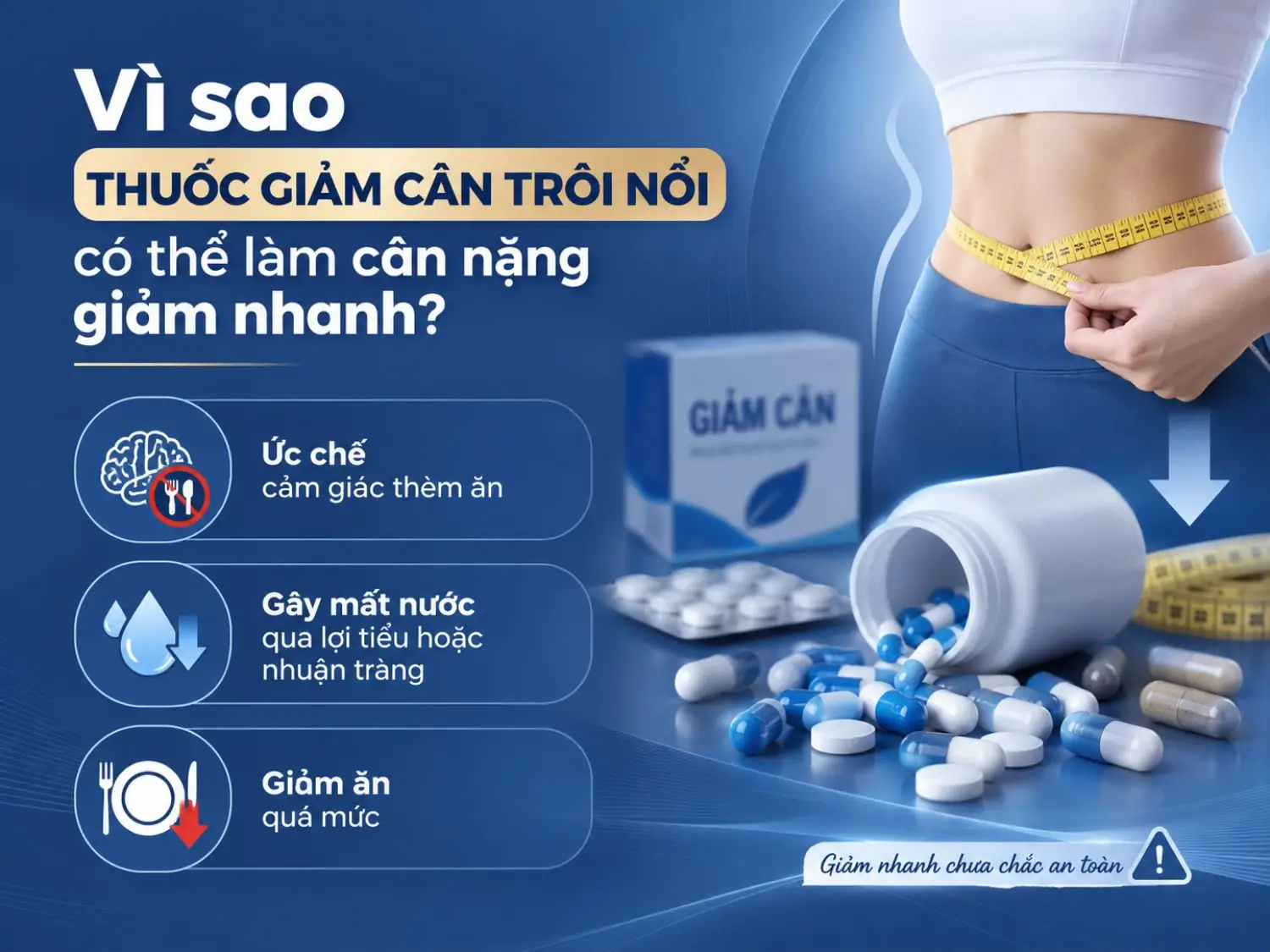 Thuốc giảm cân trôi nổi có thể khiến cân nặng giảm nhanh nhờ ức chế cảm giác thèm ăn, gây mất nước qua lợi tiểu hoặc nhuận tràng và khiến người dùng ăn quá ít. Tuy nhiên, giảm cân nhanh không đồng nghĩa với giảm mỡ an toàn.