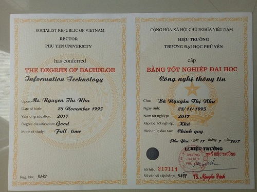 Tấm bằng tốt nghiệp đại học loại khá của Nguyễn Thị Như