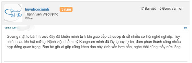 Đánh giá khách hàng sau khi hút mỡ mặt tại Kangnam Khách hàng chia sẻ cảm nhận của mình sau khi hút mỡ tại Kangnam