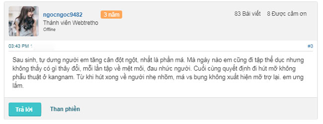 Đánh giá khách hàng sau khi hút mỡ mặt tại Kangnam Đánh giá của khách hàng trên webtretho sau khi giảm mỡ mặt tại Kangnam.