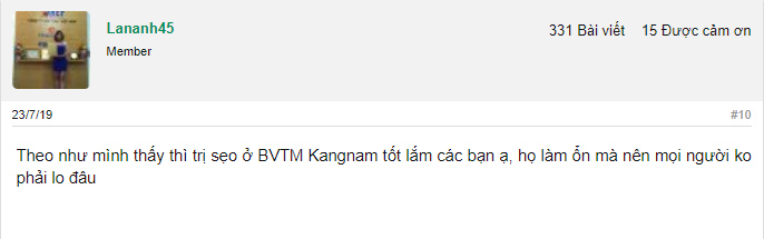 Đánh giá tích cực về hiệu quả điều trị sẹo từ 1 khách hàng đã trải nghiệm dịch vụ ở Kangnam