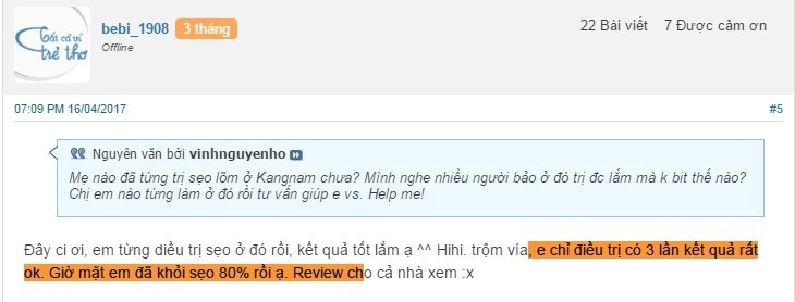 Hiệu quả trị sẹo tại Kangnam được review trên diễn đàn Webtretho Hiệu quả trị sẹo tại Kangnam được review trên diễn đàn Webtretho