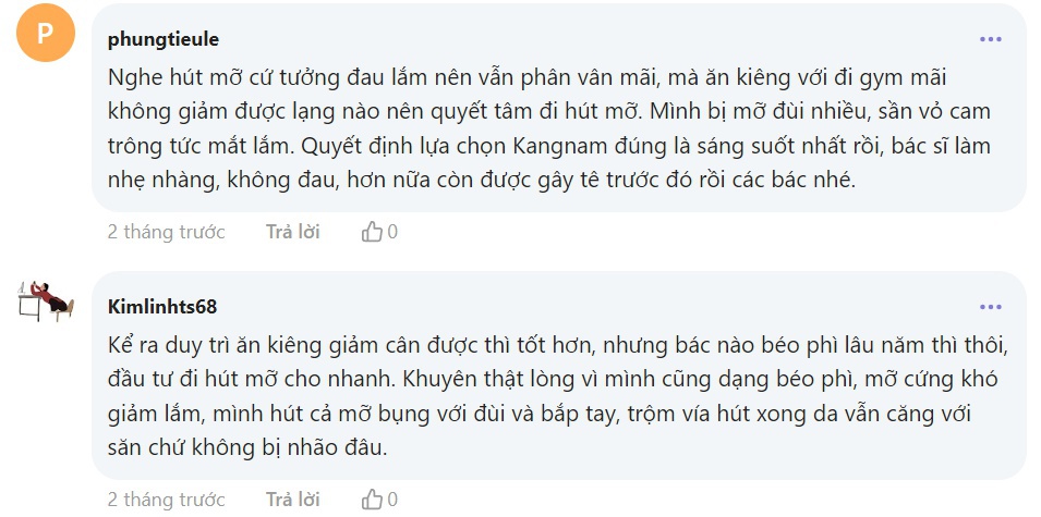 Review đánh giá của khách hàng khi hút mỡ tại Kangnam