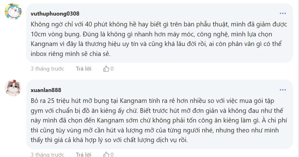Review đánh giá của khách hàng khi hút mỡ tại Kangnam