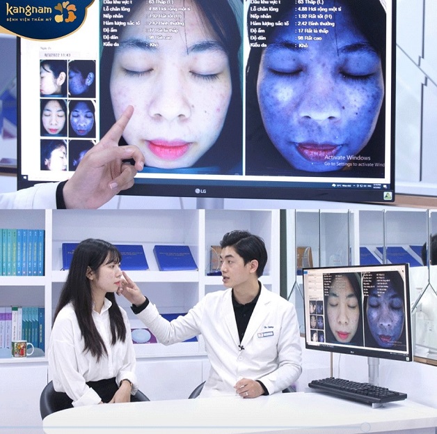 Bác sĩ tư vấn trực tiếp cho khách hàng, soi da, đánh giá tình trạng da trước khi tư vấn