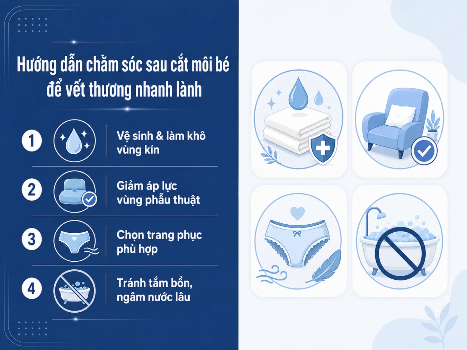 Sau cắt môi bé, cần giữ vùng kín sạch và khô, hạn chế áp lực lên vùng phẫu thuật, mặc trang phục rộng thoáng và tránh tắm bồn hoặc ngâm nước lâu để hỗ trợ vết thương nhanh lành.