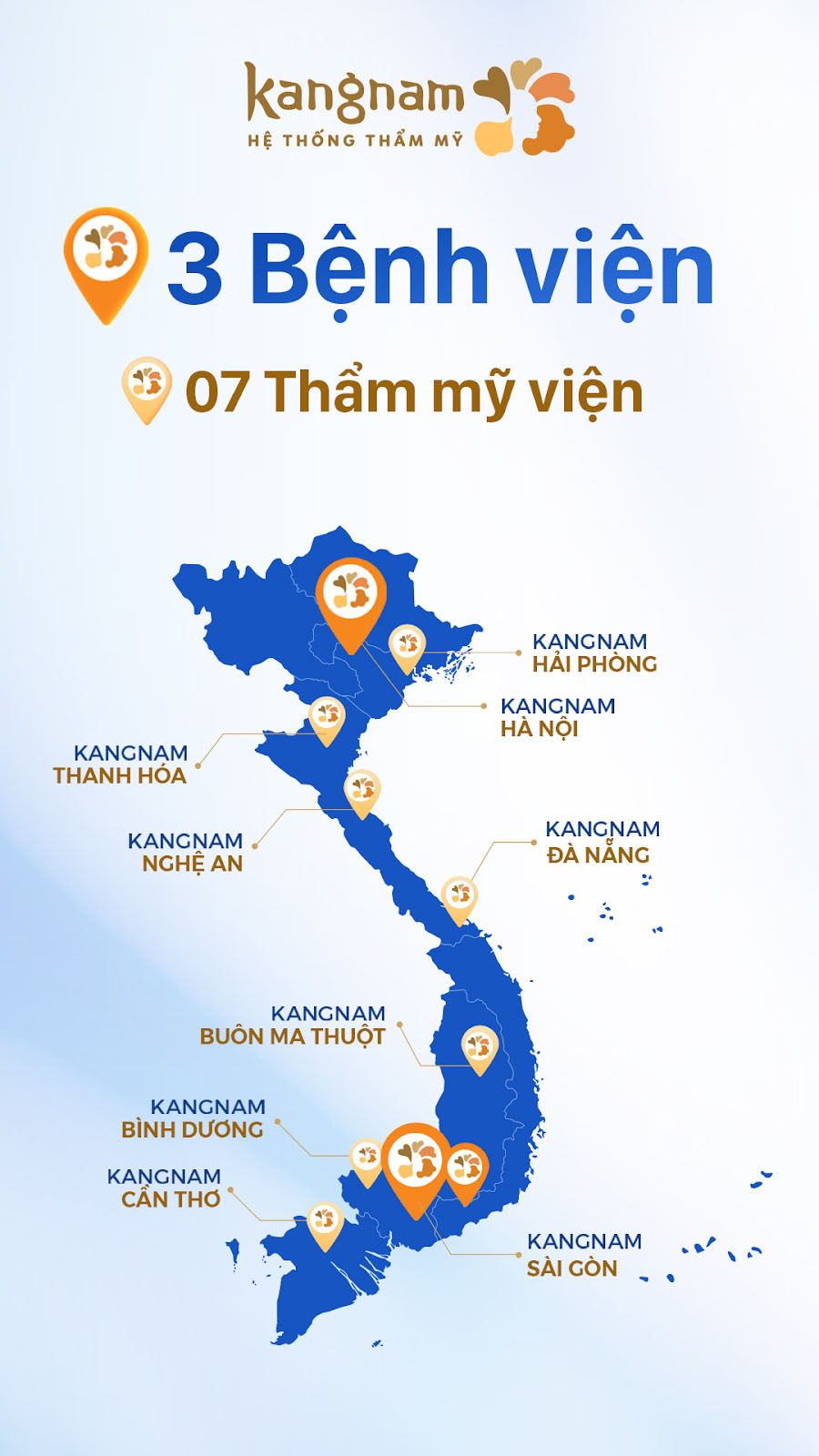 Danh sách các chi nhánh chính thức của Bệnh viện Thẩm mỹ Kangnam