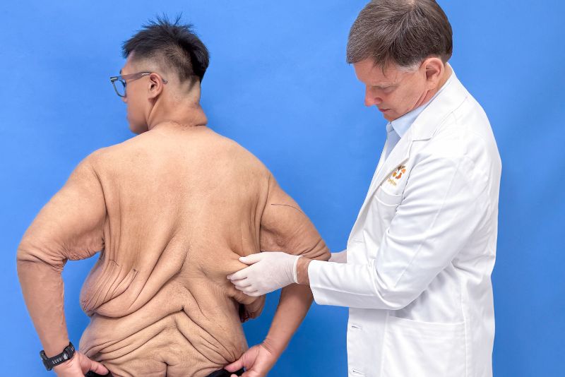 Dr. Peterson thăm khám tình trạng da thừa cho Trọng Nhân