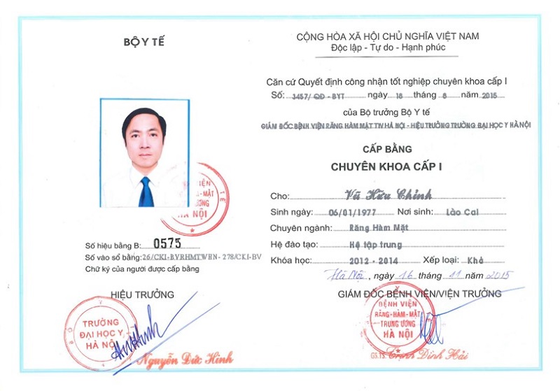 Bằng Chuyên khoa Cấp I ngành Răng Hàm Mặt của Bác sĩ Vũ Hữu Chỉnh do Trường Đại học Y Hà Nội cấp.