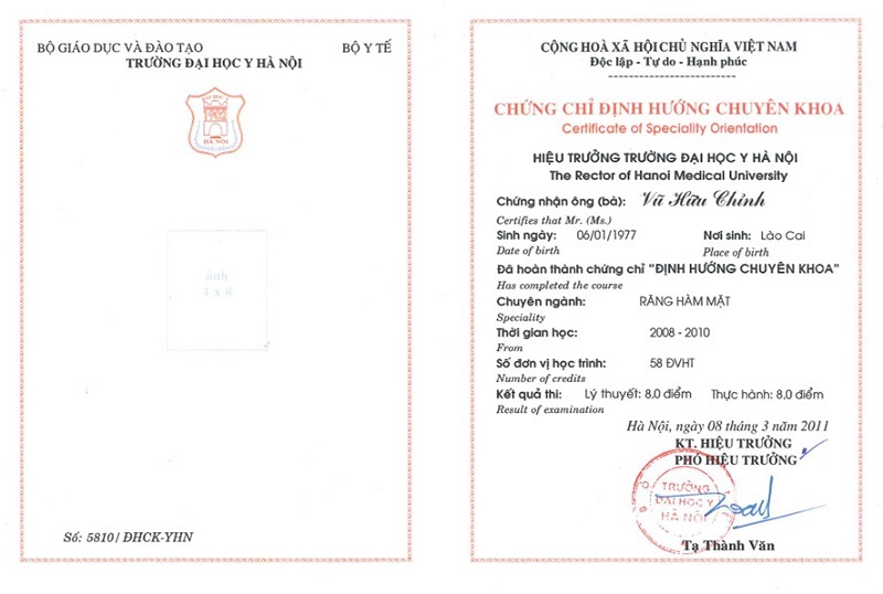 Chứng chỉ định hướng chuyên khoa Răng Hàm Mặt của Bác sĩ Vũ Hữu Chỉnh tại Đại học Y Hà Nội giai đoạn 2008-2010.
