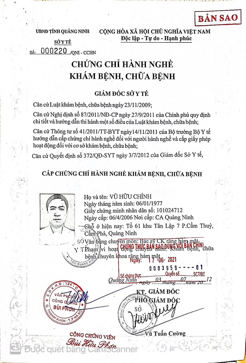  Chứng chỉ hành nghề khám chữa bệnh chuyên khoa Răng hàm mặt của Bác sĩ Vũ Hữu Chỉnh do Sở Y tế Quảng Ninh cấp.
