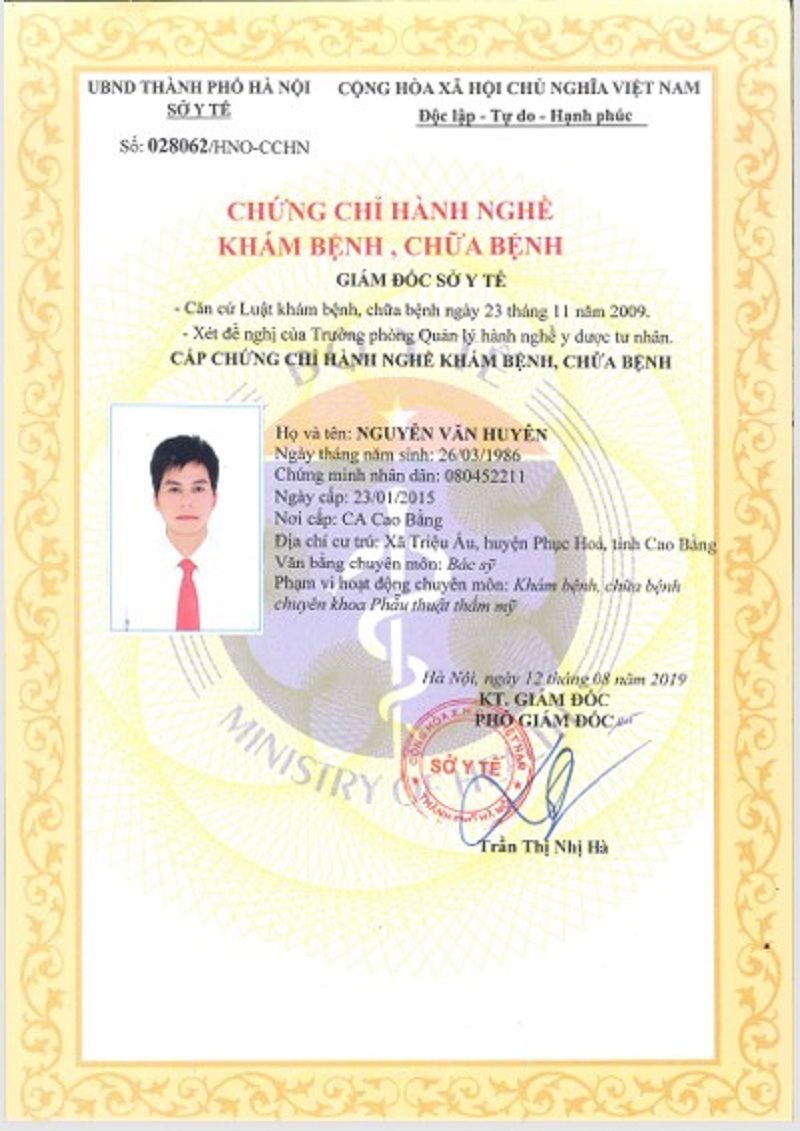 Chứng chỉ hành nghề khám bệnh, chữa bệnh chuyên khoa Phẫu thuật thẩm mỹ của bác sĩ Nguyễn Văn Huyên 