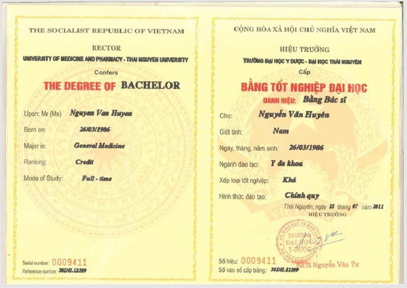 Bằng tốt nghiệp Đại học danh hiệu Bác sĩ ngành Y đa khoa của bác sĩ  Nguyễn Văn Huyên 