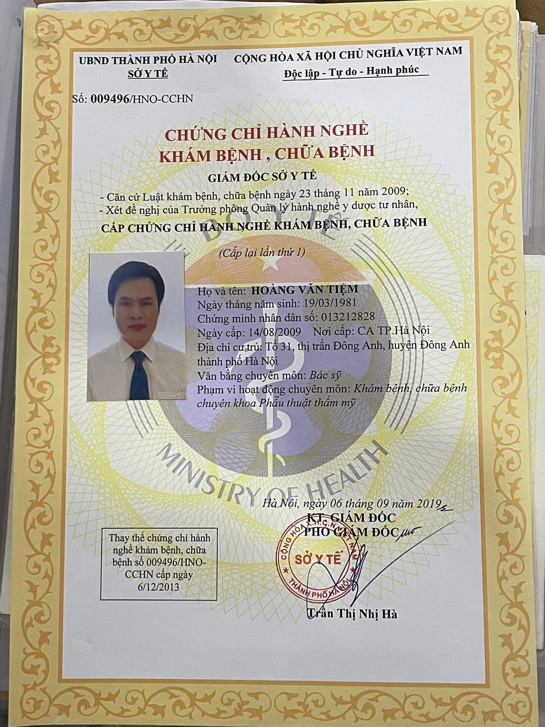 Chứng chỉ hành nghề khám bệnh, chữa bệnh chuyên khoa Phẫu thuật thẩm mỹ của bác sĩ Hoàng Văn Tiệm 