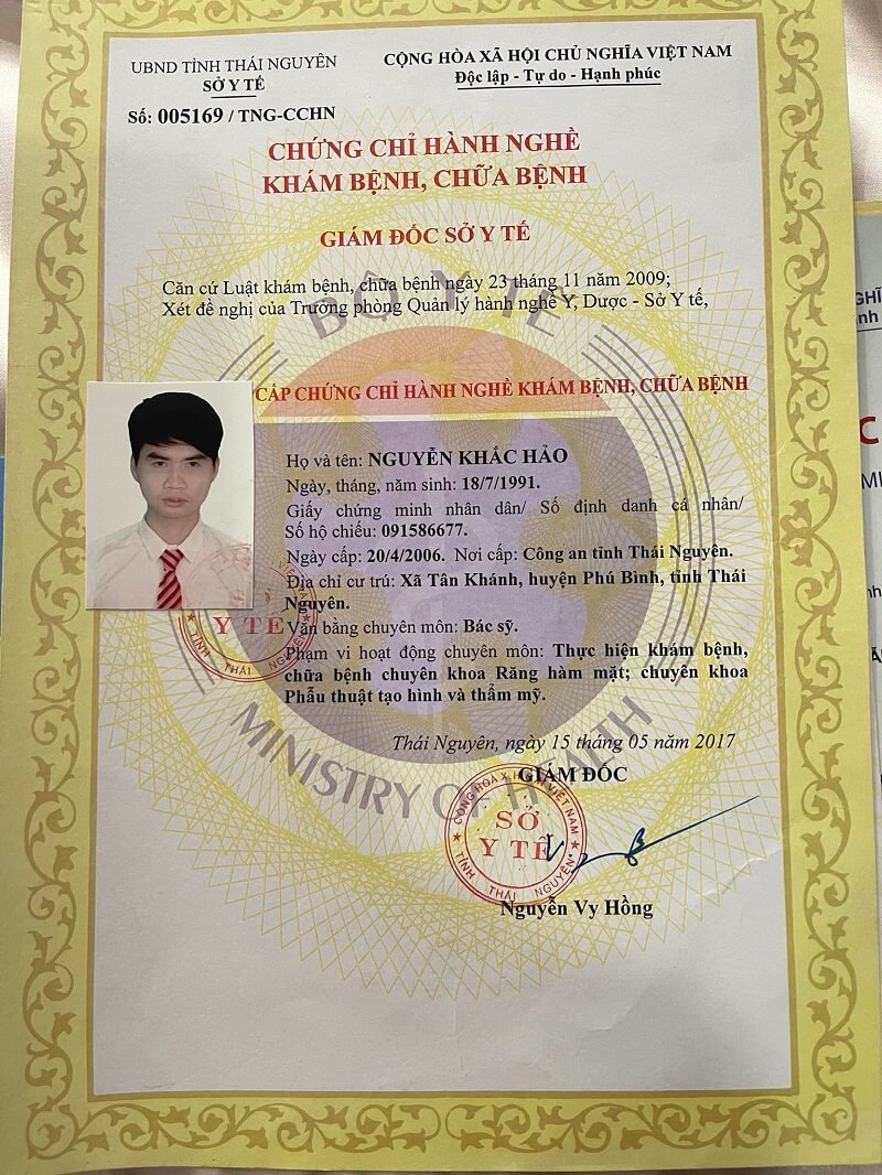Chứng chỉ hành nghề số 005169/TNG-CCHN do Sở Y tế Thái Nguyên cấp - BS Nguyễn Khắc Hảo