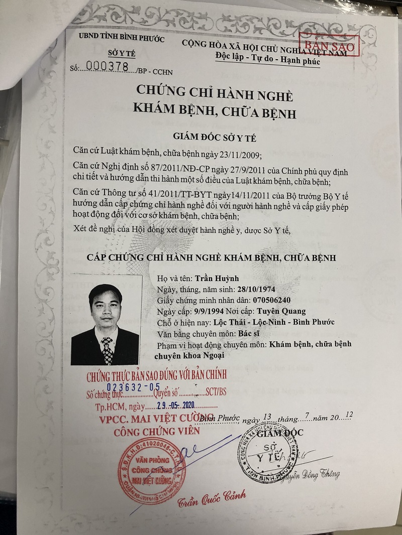 Chứng chỉ hành nghề bác sĩ Trần Huỳnh