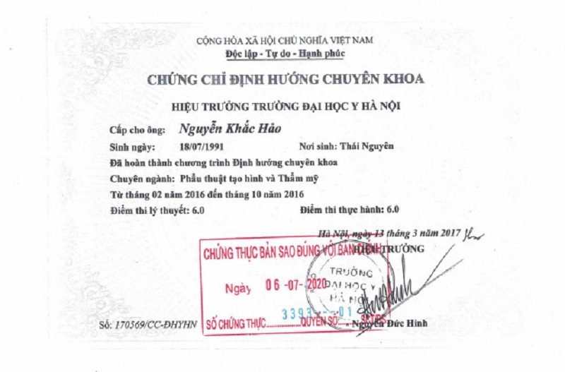 Chứng chỉ định hướng chuyên khoa của BS Nguyễn Khắc Hảo năm 2017