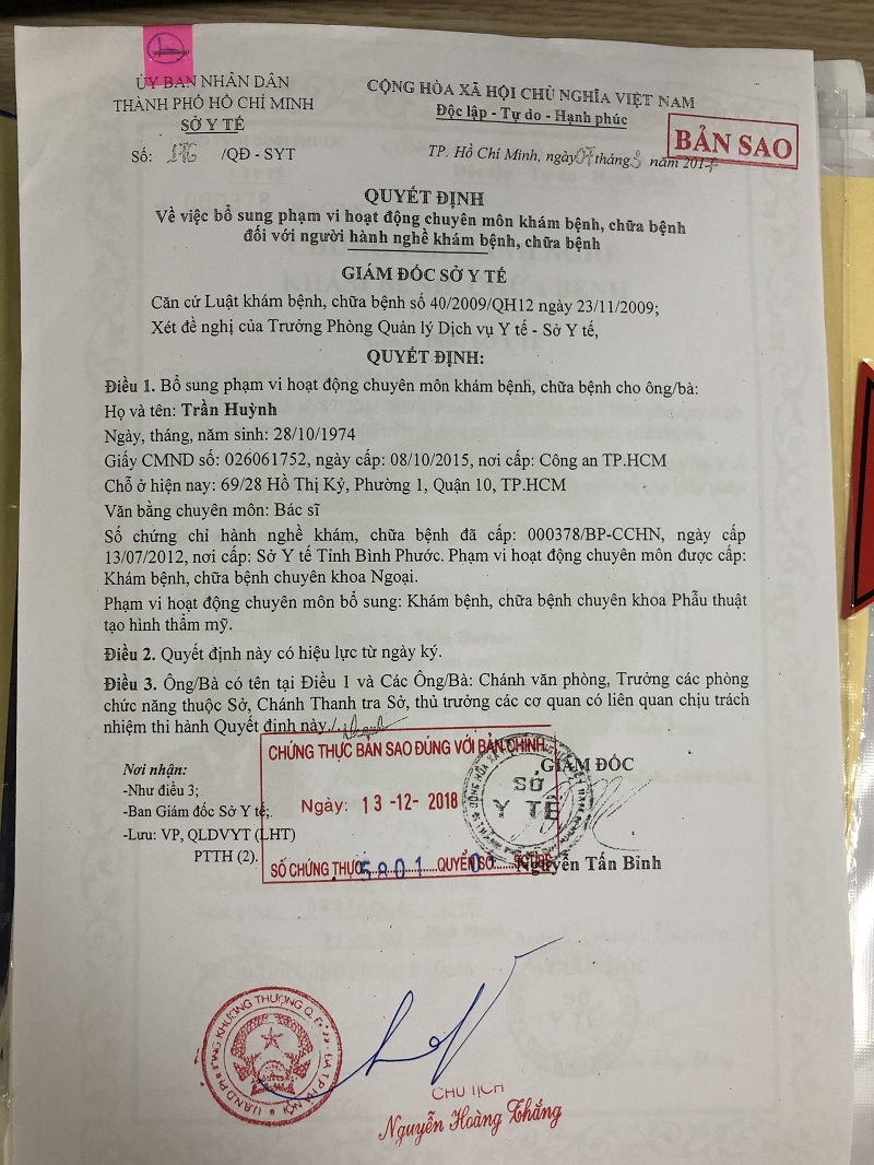 Chứng chỉ phẫu thuật tạo hình thẩm mỹ bác sĩ Trần Huỳnh