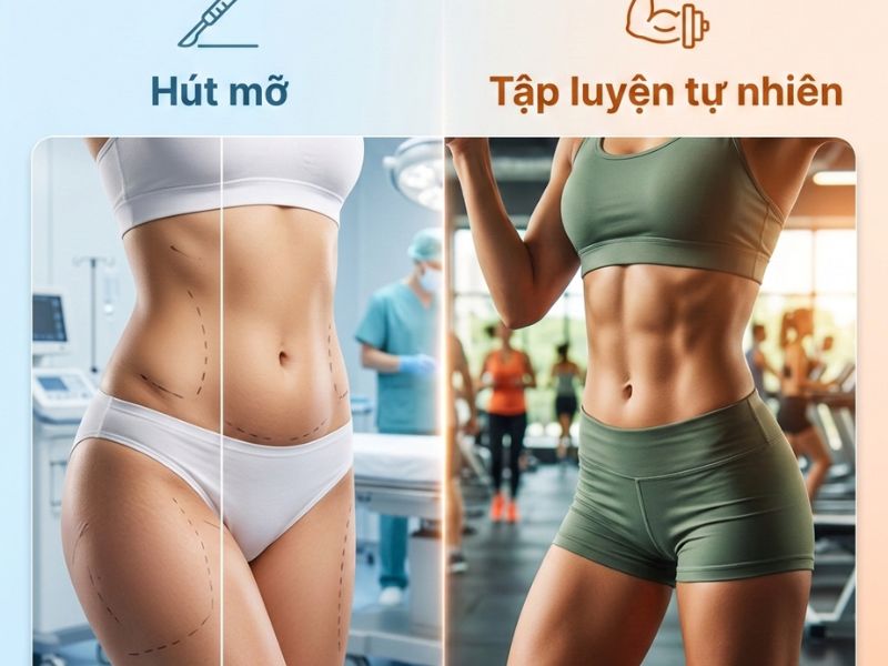 So sánh hiệu quả giảm mỡ cục bộ của phương pháp hút mỡ ngoại khoa và tập luyện tự nhiên.