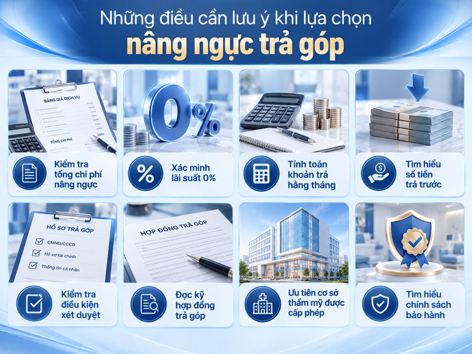 Trước khi nâng ngực trả góp, khách hàng cần tìm hiểu kỹ tổng chi phí, lãi suất, các khoản phí phát sinh, điều kiện hợp đồng và lựa chọn cơ sở thẩm mỹ được cấp phép để bảo đảm quyền lợi.
