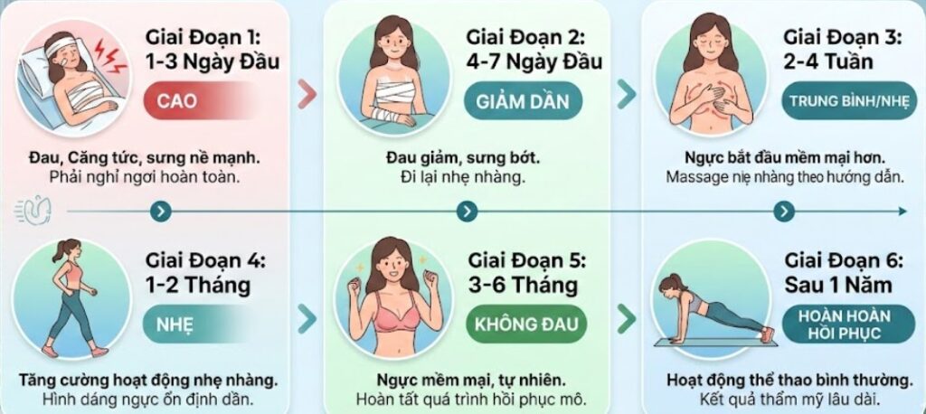 Mô phỏng hình ảnh nâng ngực từ đau cho tới khi hồi phục hoàn toàn, vòng 1 căng tròn, săn chắc và tự nhiên nhất