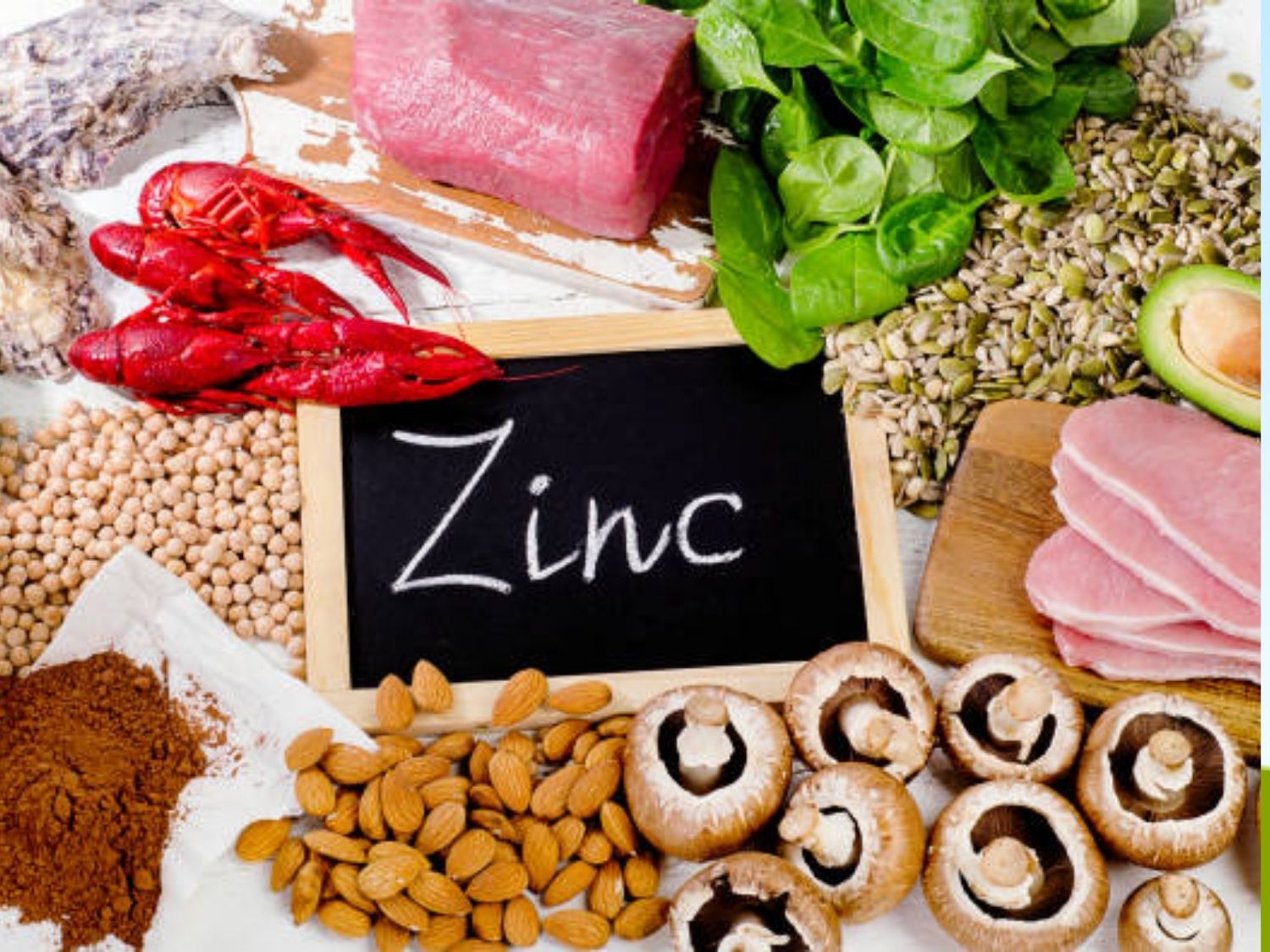 ảnh bao gồm các thực phẩm giàu kẽm như tôm, cá...